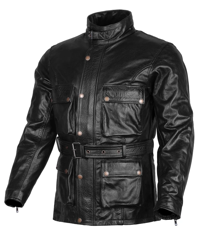 Bikers Gear Australia Classic Vintage Style Waxed Trail Blazer Leather Retro Motorcycle Jacket with CE1621-1 5 Piece Removable Armour - Black - 3XL
