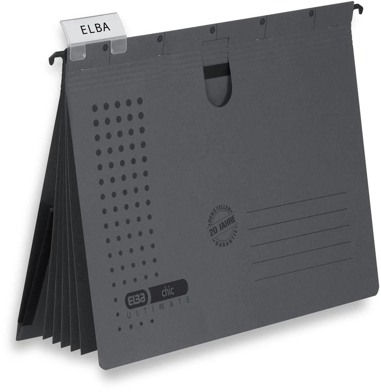 ELBA Chic Ultimate 100333016 Suspension File Pack of 5 Recycled Cardboard for DIN A4 with 5 Dividers and Binding Inner Pocket on the Back in Anthracite