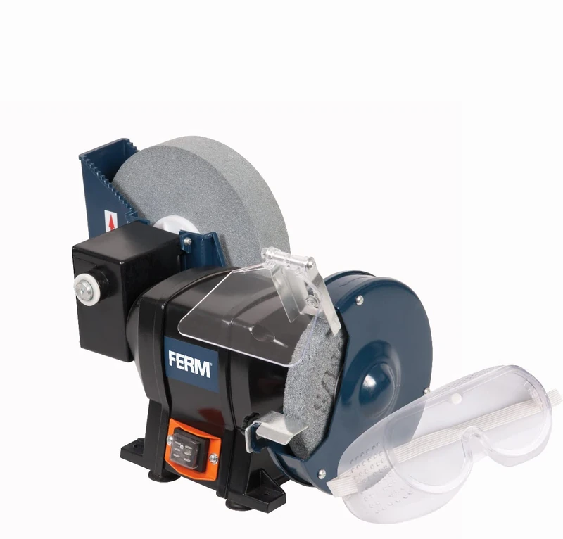 FERM BGM1021 Wet and Dry Bench Grinder - 250 Watt - 150mm - Incl. Spark Arrest, Work Rest - Safety Glasses, Wet Grinding Stone (P36) and Dry Grinding Stone (P80)
