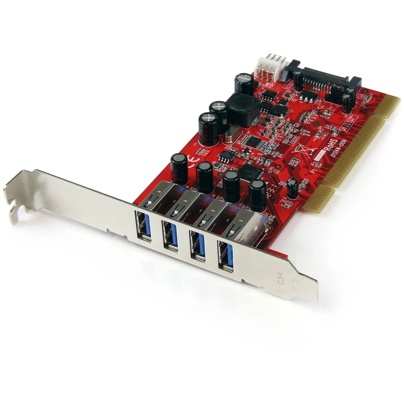 StarTech.com 4 Port PCI SuperSpeed USB 3.0 Adapter Card with SATA/SP4 Power, Quad Port PCI USB-A 3.0 (5Gbps) Controller Card, Red, Windows Only (PCIUSB3S4)