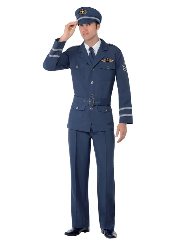 Smiffys WW2 Air Force Captain Costume, Blue with Trousers, Jacket, Hat & Tie, 1940's Wartime Fancy Dress, 1940s Dress Up Costumes