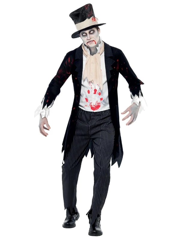Smiffys Till Death Do Us Part Zombie Groom Costume, Black Jacket with Waistcoat, Scarf, Trousers and Top Hat, Halloween Zombie Alley Fancy Dress, Zombie Dress Up Costumes, World Book Day