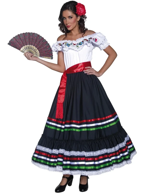 Smiffys Authentic Western Sexy Senorita Costume, Black & W with Dress and Sash, Cowboys and Indians Fancy Dress, Western Dress Up Costumes