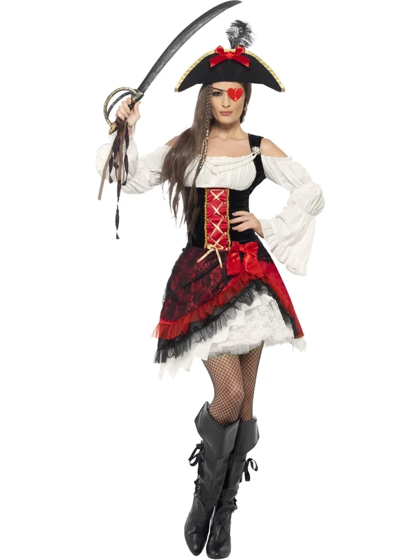 Smiffys Glamorous Lady Pirate Costume, Red with Dress and Hat, Pirate Fancy Dress, Pirate Dress Up Costumes, World Book Day