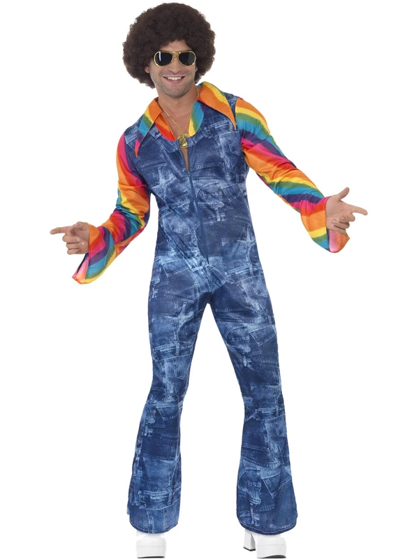 Smiffys Groovier Dancer Costume, Blue with Denim Effect Jumpsuit and Mock Shirt, 1970's Disco Fancy Dress, 1970s Dress Up Costumes, M