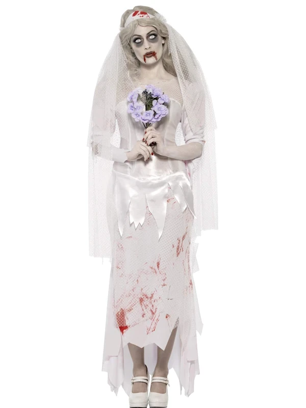 Smiffys Till Death Do Us Part Zombie Bride Costume, White with Dress, Veil and Bouquet, Halloween Zombie Alley Fancy Dress, Zombie Dress Up Costumes, World Book Day