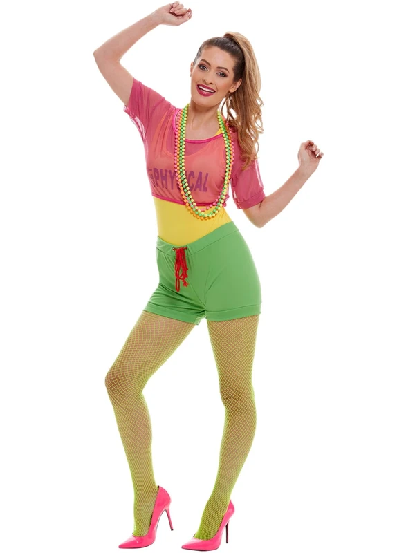 Smiffys Let's Get Physical Girl Costume, Multi-Coloured with Leotard, Crop Top, Shorts and Headband, 1980's Fancy Dress, 1980s Dress Up Costumes