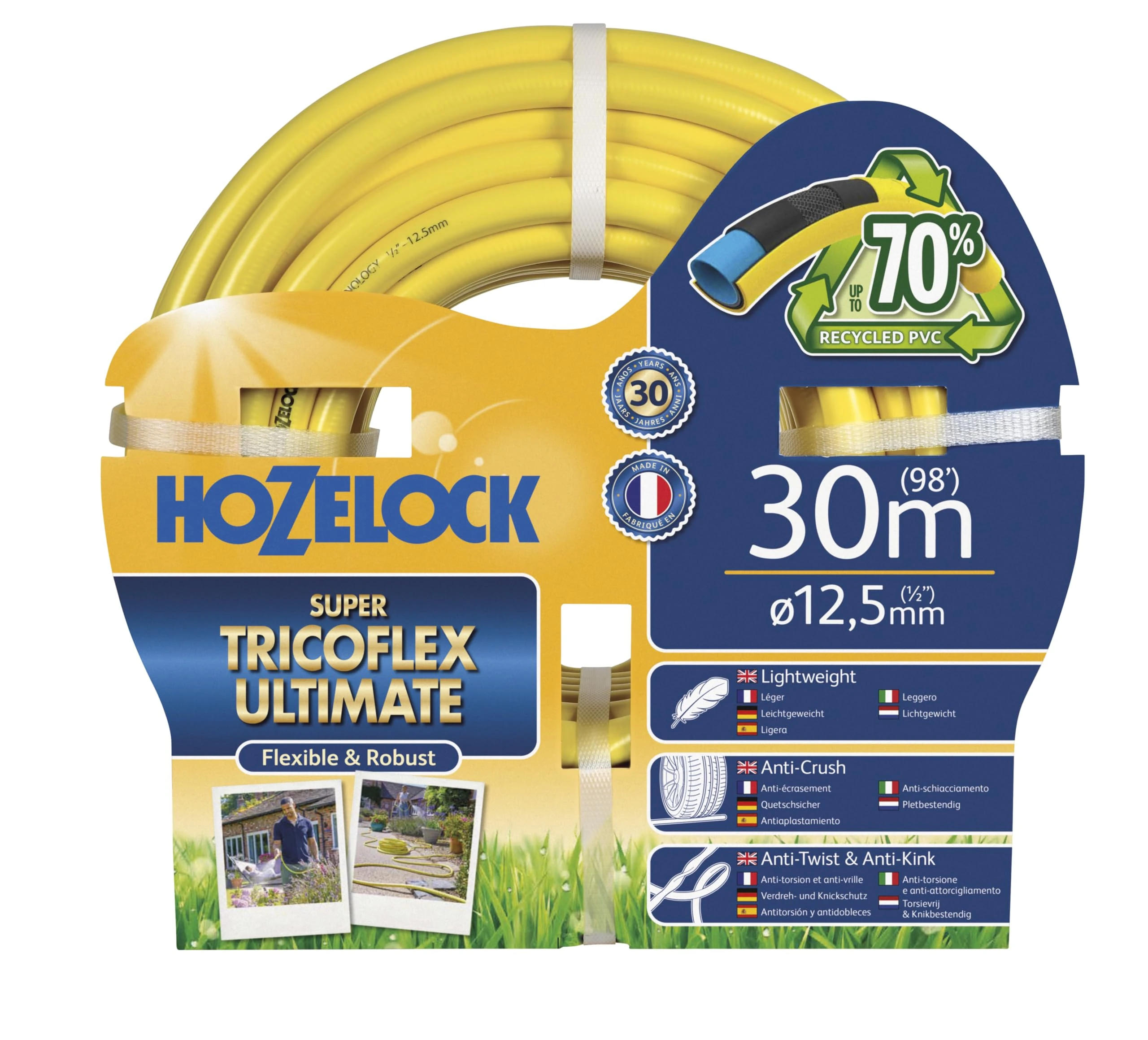 HOZELOCK - Ultimate Hose 12.5mm x 30m, Up To 70% Recycled PVC, Ultra-Light and Flexible, Re-Enforced PVC Layering, Anti-Twist and Anti-Crush Technology [7830P0000], Yellow