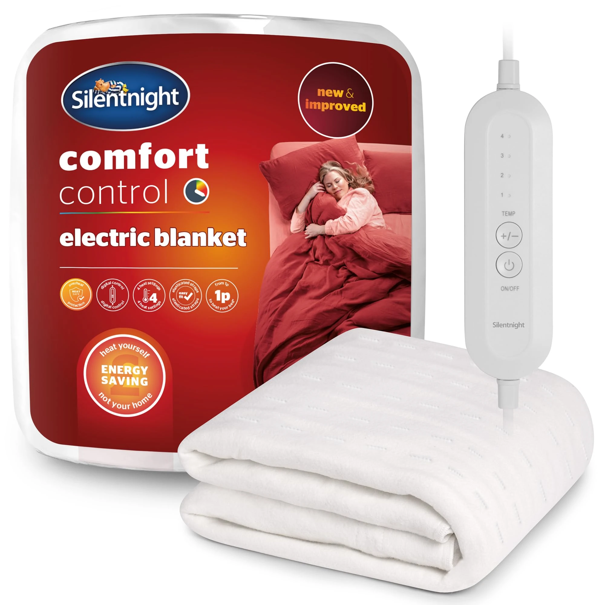 Silentnight Comfort Control Electric Blanket Double Bed - Heated Underblanket with 4 Heat Settings - Fast Heat Up - Overheat Protection and Easy Fit Straps - Machine Washable - Double - 135x120cm