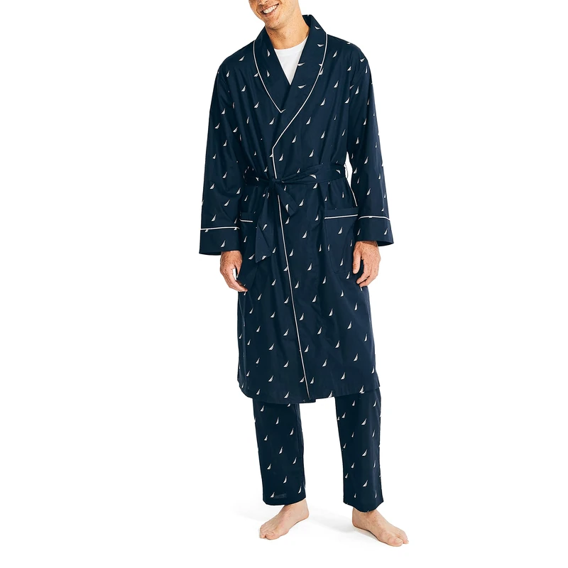 Nautica mens Long-sleeve Lightweight Cotton Woven-robe, Peacoat, S-M
