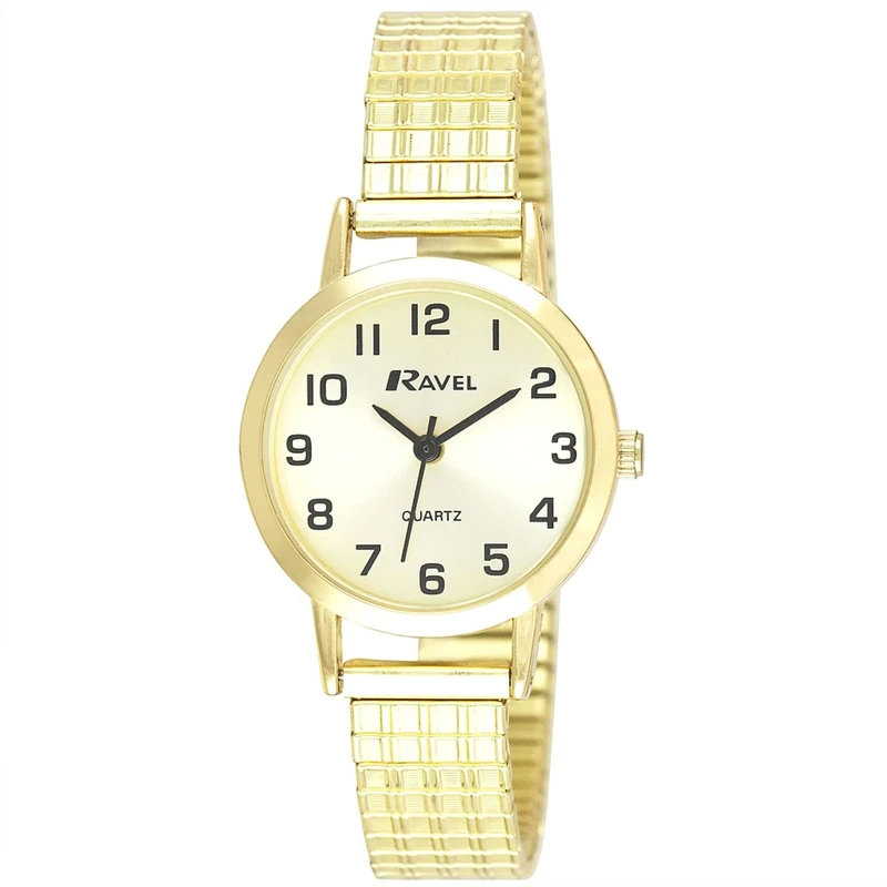 Ravel - Women's Traditional Watch with Clear Numeral Dial on Expander Bracelet - Gold Tone/Champagne Dial