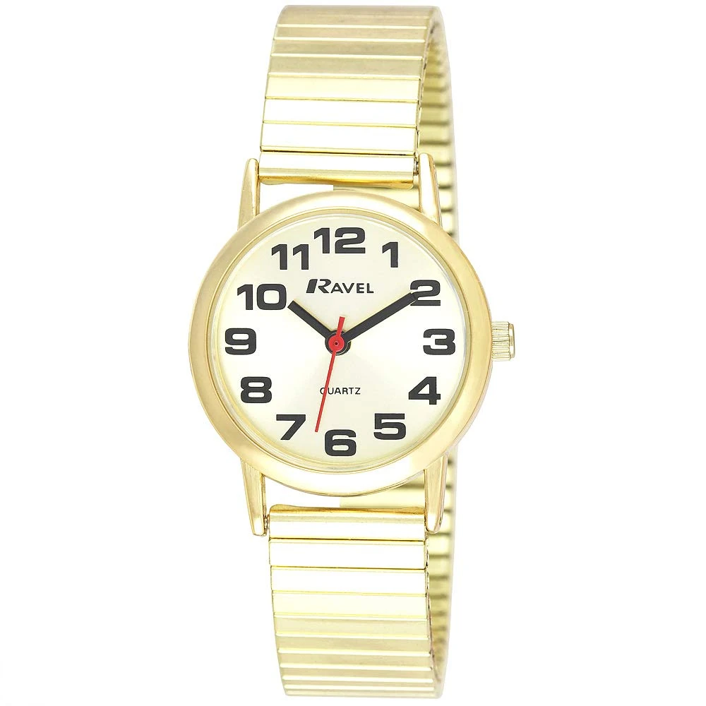 Ravel Women's Easy Read Watch with Big Numbers on Stainless Steel Expander Bracelet - Gold Tone/Champagne Dial