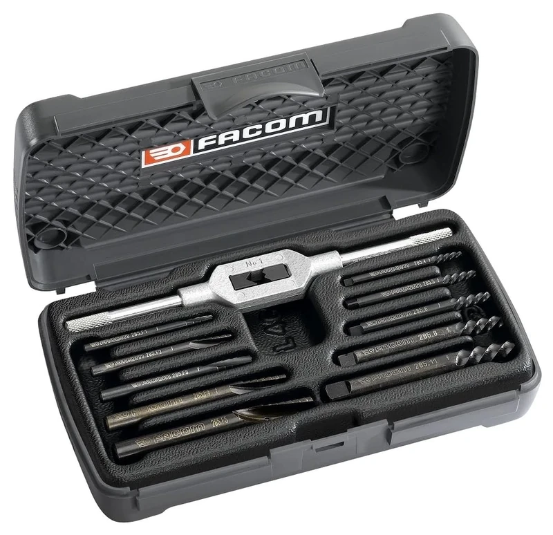 FACOM - 11-Piece Stud Extractor Set - 285.J10 - Screw Extraction, Straight Thread - Conical Bits and Tapping Wrenches - Robust and Durable Box - Hand Tools