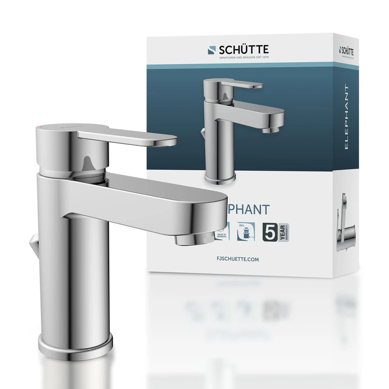Schütte Elephant 34210 Wash Basin Mixer Tap with Drain Valve for Bathroom, Eccentric Rod, Chrome