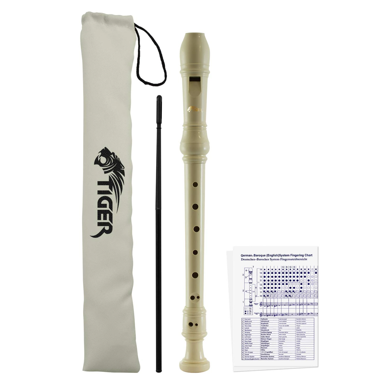 Tiger REC2-WH Descant Recorder – Three Piece School, Beginners Recorder with Bag, Cleaning Rod, and Fingering Chart – White