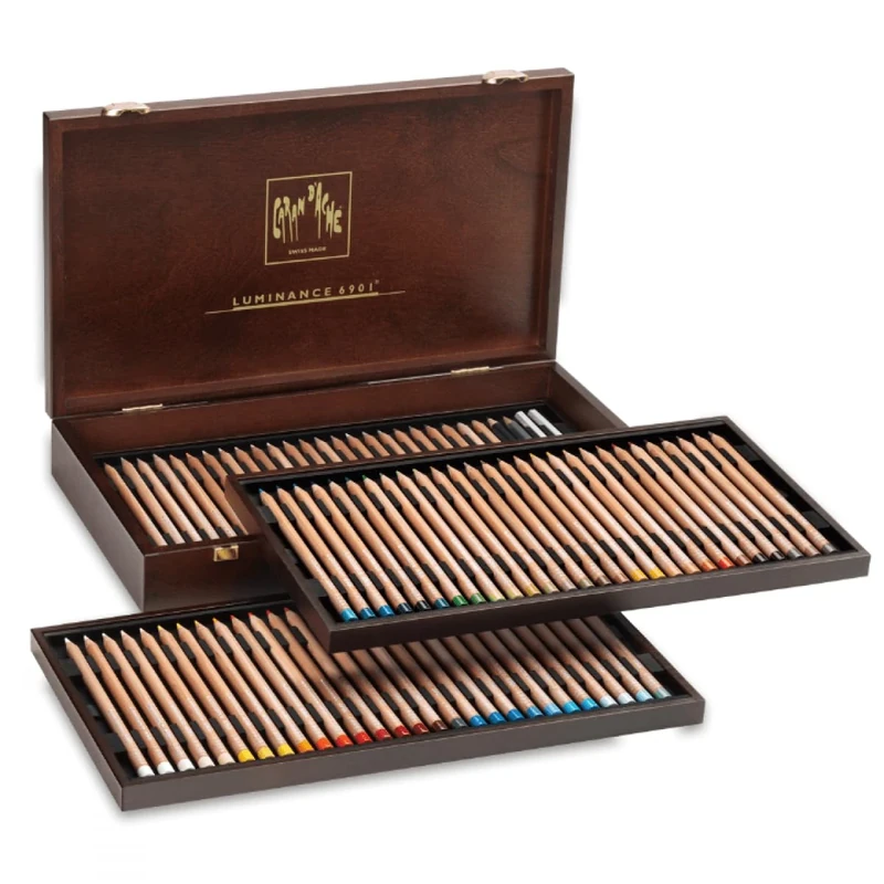 Caran D’Ache Luminance Birch Wood Box Case Contains 76 Luminance 6901 Colouring Pencils + Blender, 2 Grafwood Graphite HB And 5B Pencils, For Sketching, Drawing, Colouring For Adults And Children