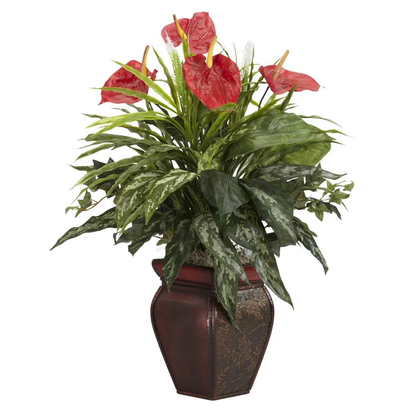 Nearly Natural 6678 Mixed Greens and Anthurium with Vase Decorative Silk Plant, Green