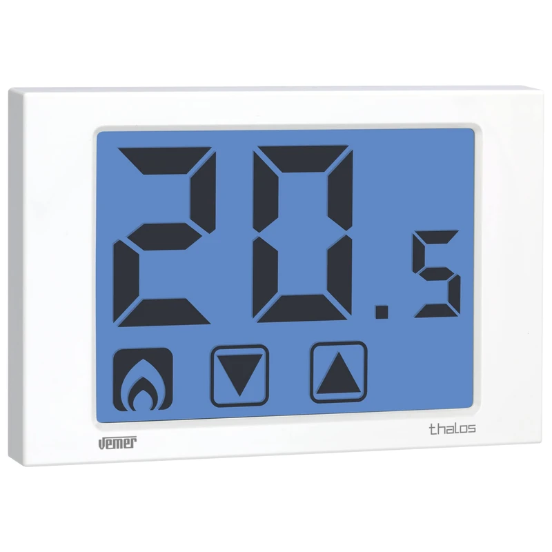 VEMER VE432100 Model THALOS Bianco Wall-mounting Thermostat with Touch Screen Display, Battery Supply 2x1,5V (AAA). Color: White