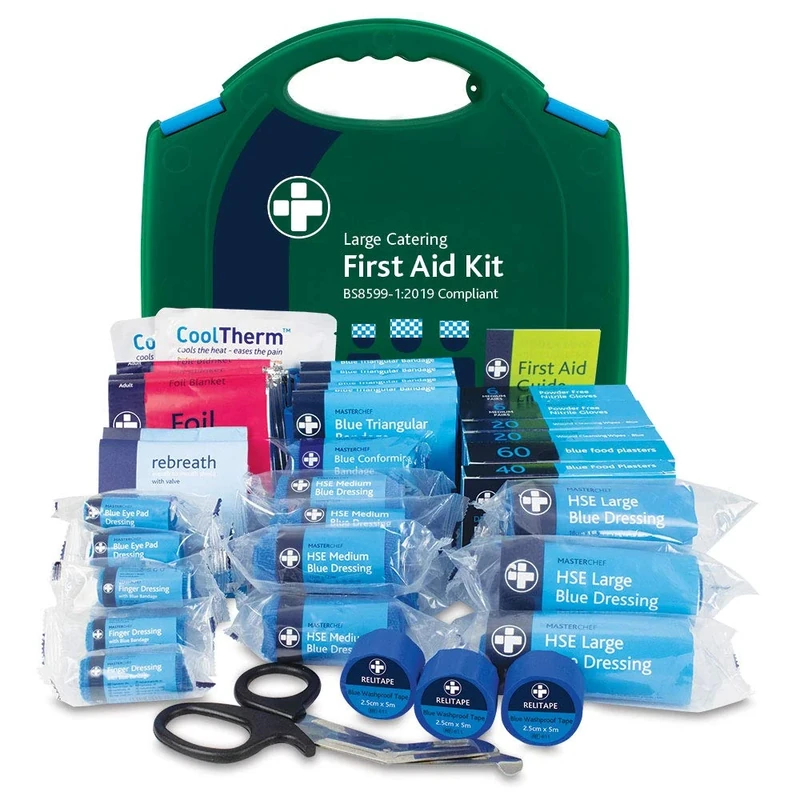Reliance Medical Catering First Aid Kit - Ideal for Workplace, Travel, Home, Holiday, Includes Bandages, Dressing Pads and Emergency Tools, Green Aura 3 Case, Large