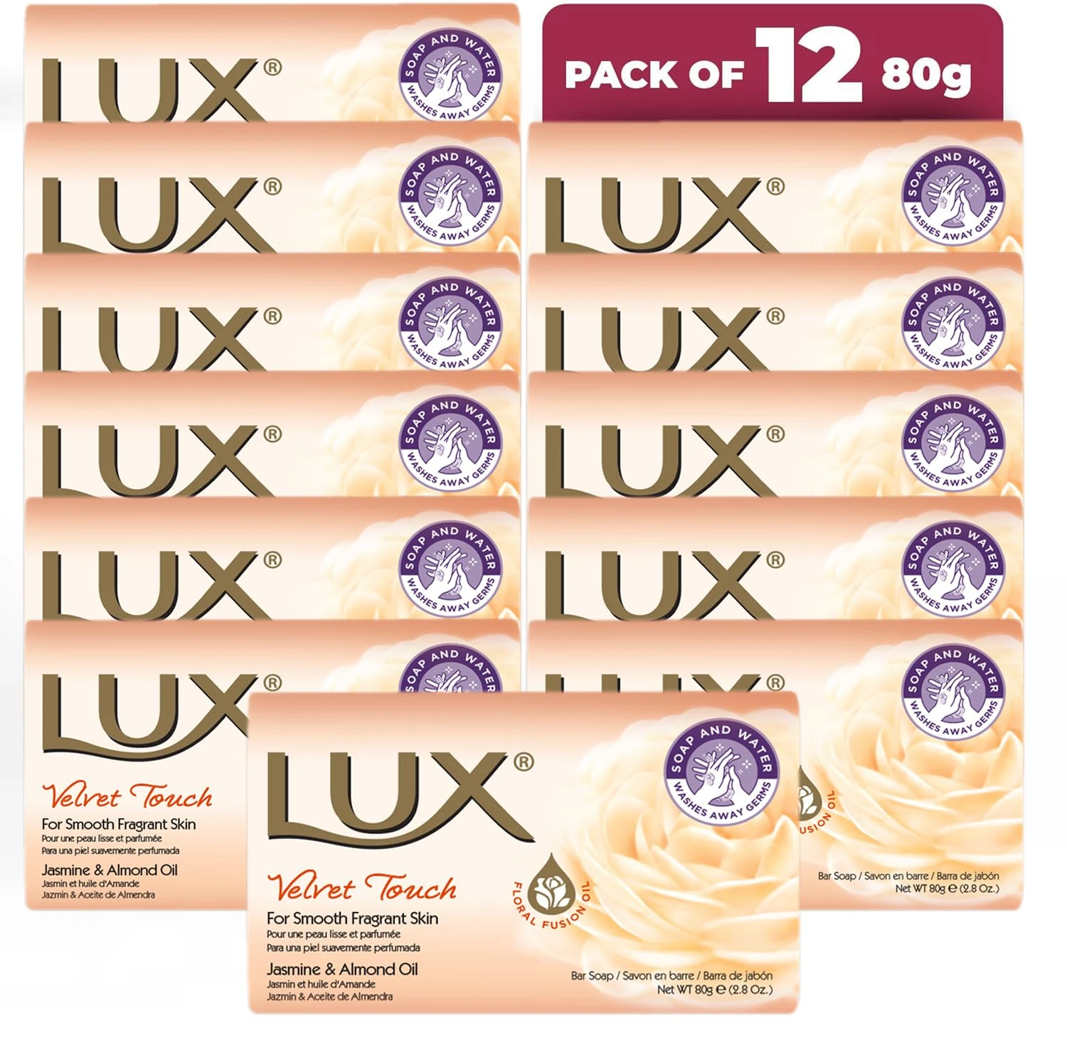 LUX Velvet Touch Beauty Soap Bar - Indulgent Skincare for Face, Hands & Body - Enriched for Smooth, Radiant Skin - Gentle Daily Bath & Shower Soap w/Fresh Fragrance - Men & Women - 80g x 12