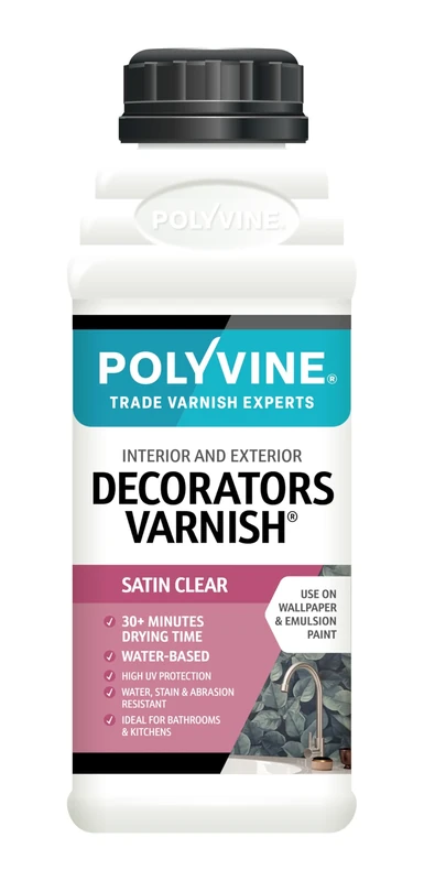 Polyvine Decorators Varnish Satin – Water Resistant Clear Varnish with UV Protection - Seals and Protects Emulsion, Acrylic Paint, Wallpaper, Wood, Furniture, Plaster & Fabric, 500ml