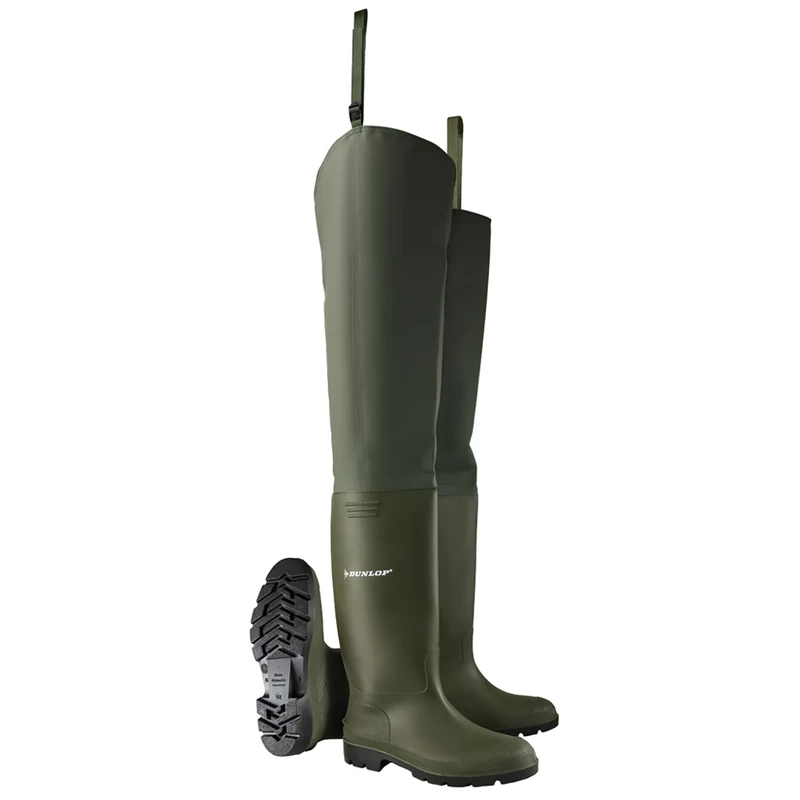 DUNLOP Pricemastor Thigh Wader Wellington Boot - Unisex, Waterproof PVC Work Wellies for Agriculture and Fishing, Green/Black - EU43, UK9