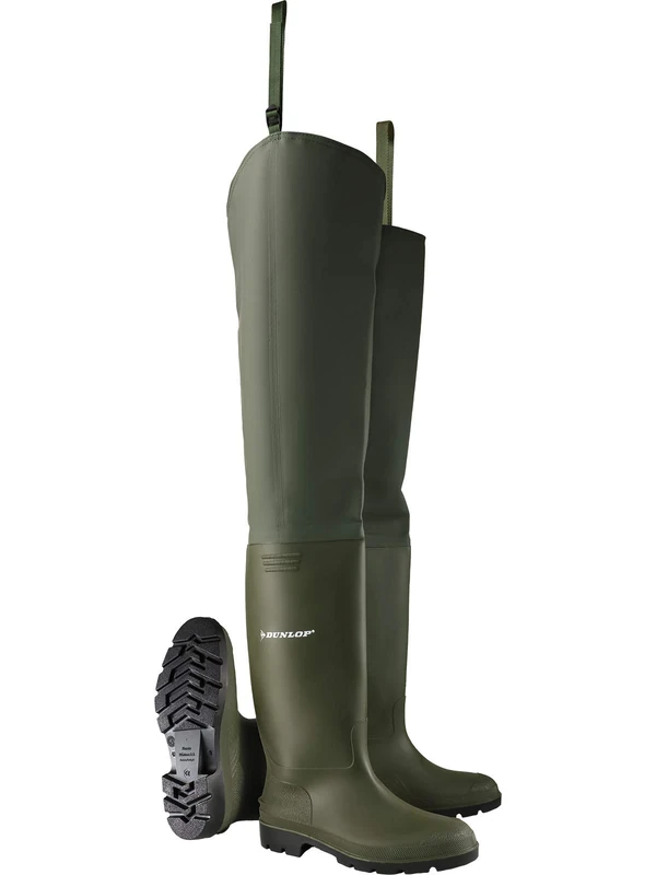 DUNLOP Pricemastor Thigh Wader Wellington Boot - Unisex, Waterproof PVC Work Wellies for Agriculture and Fishing, Green/Black - EU44, UK10