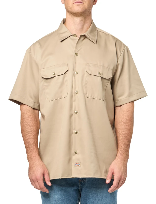 Dickies Men's Short Sleeve Work Shirt Big and Tall Button, Desert Sand, XL