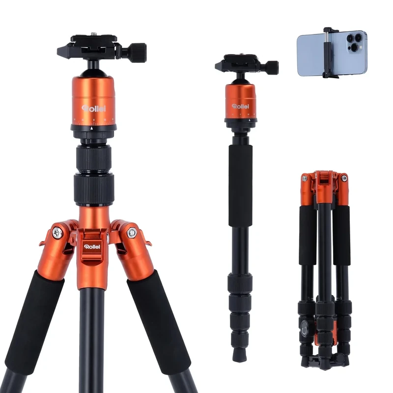 Rollei Compact Traveler No. 1 - Light travel tripod - Aluminium - Arca Swiss compatible - Incl. ball head and quick release plate - Orange