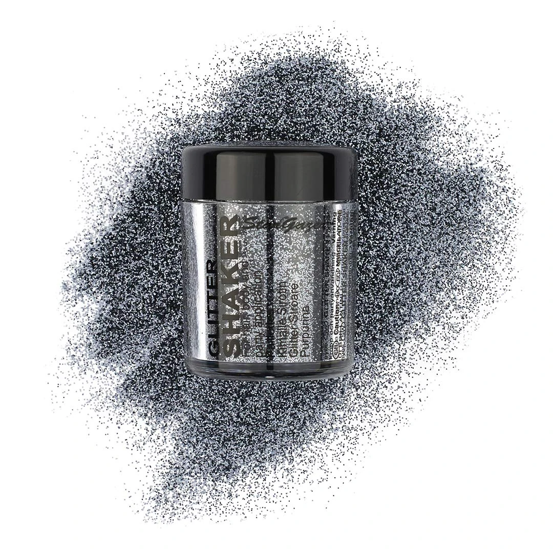 Stargazer Glitter Shaker, Steel Grey. Cosmetic glitter powder for use on the eyes, lips, face, body, hair and nails.