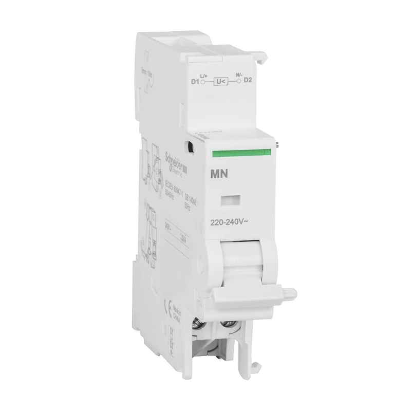 Schneider Electric a9 N26960 Trigger with Voltage Minimum MN, Fixed, 82.5 mm Height x 18 mm Width x 68 mm depth, 220 – 240 VAC, 50/60 Hz, White - Image 1