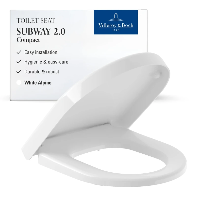 Villeroy & Boch Subway 2.0 Compact Toilet seat, Removable Toilet seat Made from Break-Proof Duroplast, Toilet lid Original Spare Part, D-Shape, White Alpine, Glossy