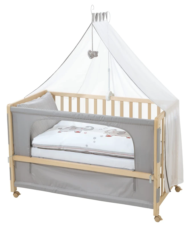 Roba Jumbo Twins Cosleeping Bed with 4 Braked Wheels 60 x 120 cm - Includes Equipment - Height Adjustable to 6 Levels - Natural Wood