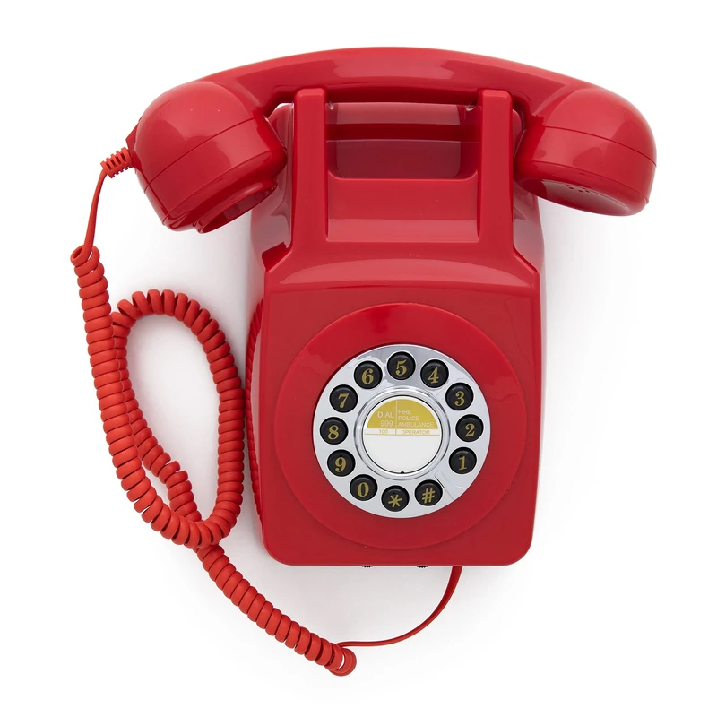 GPO 746 Wall-Mounted Push-Button Telephone - Retro Landline Phone, Curly Cord, Authentic Bell Ring - Red