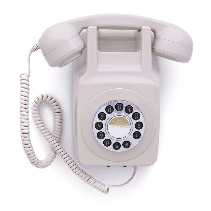 GPO 746 Wall-Mounted Push-Button Telephone - Retro Landline Phone, Curly Cord, Authentic Bell Ring - Ivory