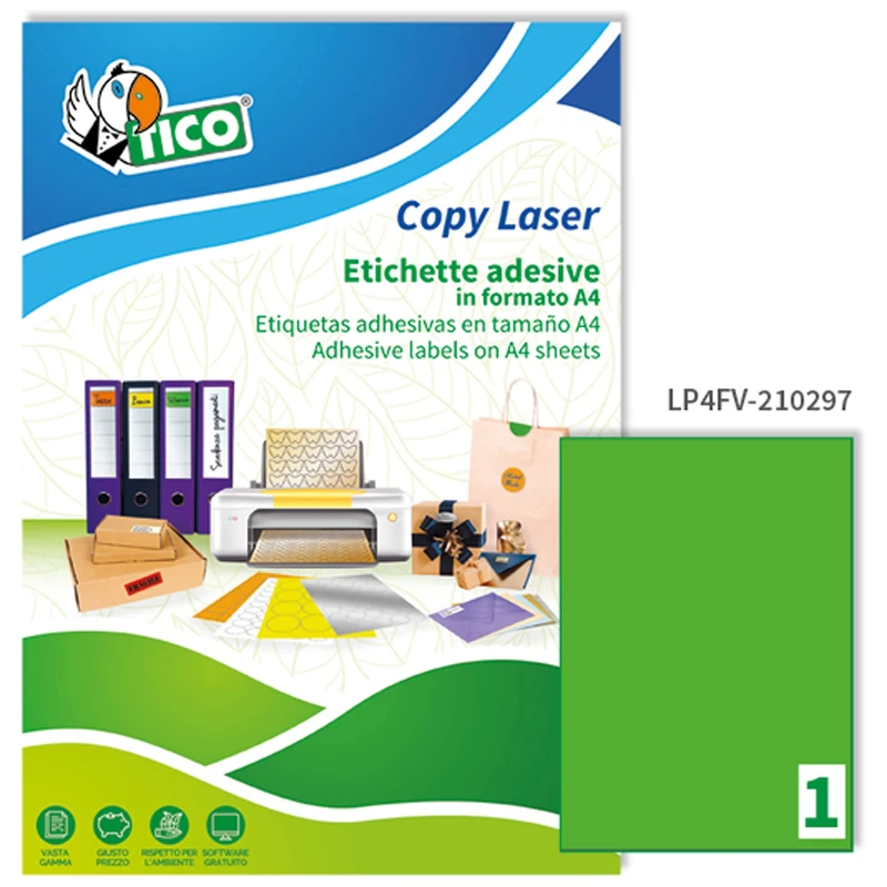 Tico Italia LP4FV-210297 Neon Green Adhesive Labels, 70 Sheets A4, Rectangular 210x297mm, 1 Labels Per Sheet, Permanent Adhesive, Laser and Inkjet Printers
