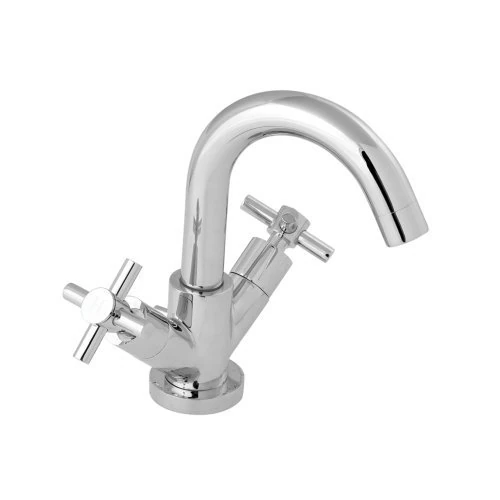 Deva MOT113 Motif Mono Basin Mixer Tap In Chrome With Press Top Waste - Modern Bathroom Swivel Spout - Dual Hot & Cold Star Cross Handles Toilet Sink Faucet Taps Silver – 12 Year Warranty