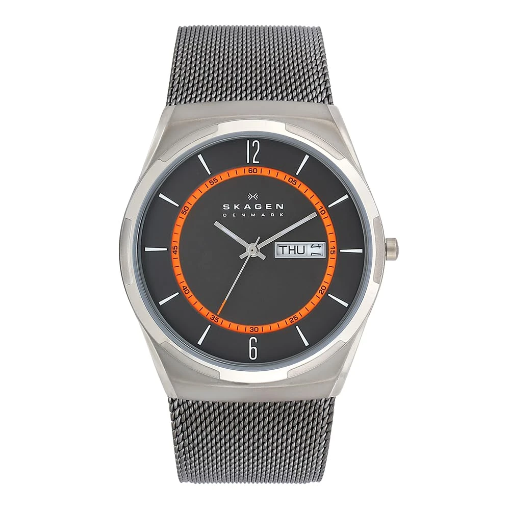 Skagen Watch for Men Melbye Titanium, Three Hand Day-Date Movement, 40 mm Charcoal Titanium Case with a Stainless Steel Mesh Strap, SKW6007