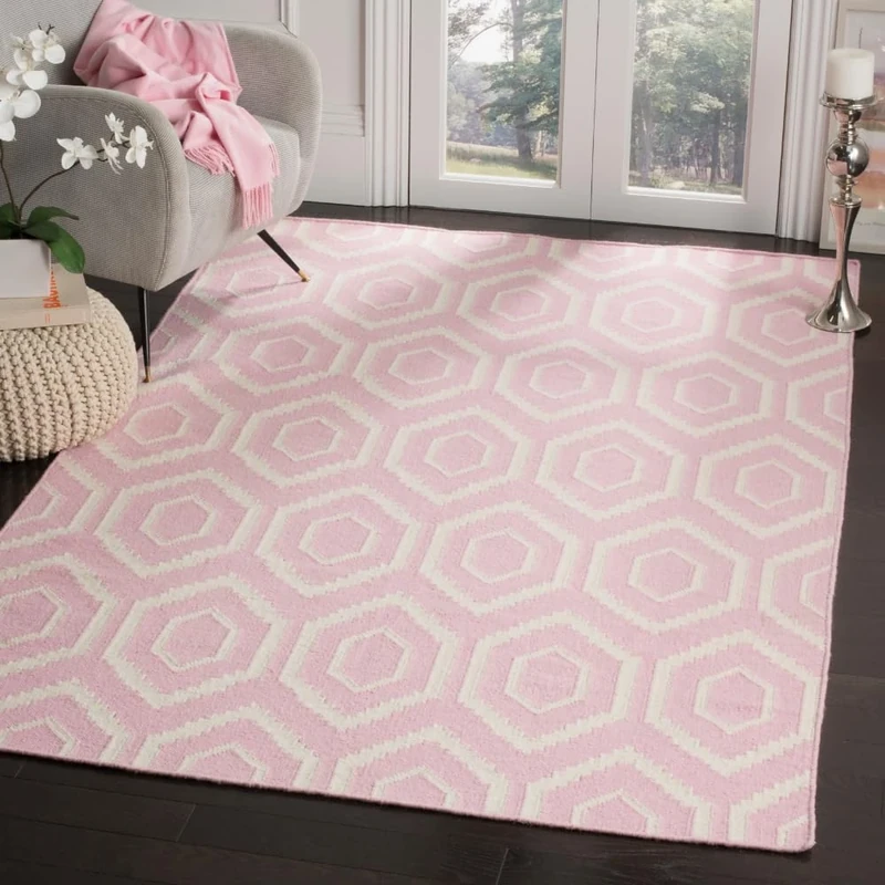 SAFAVIEH Contemporary Rug for Living Room, Dining Room, Bedroom - Dhurrie Collection, Short Pile, in Pink and Ivory, 183 X 274 cm