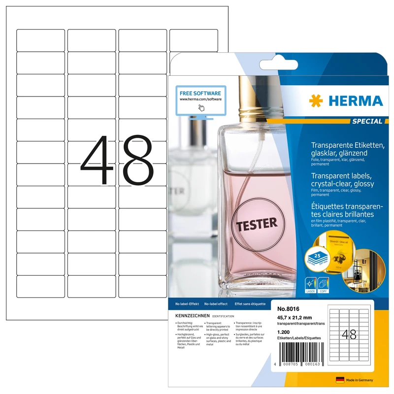 HERMA Transparent Clear Film Labels - 45.7x21.2 mm, 1200 pcs