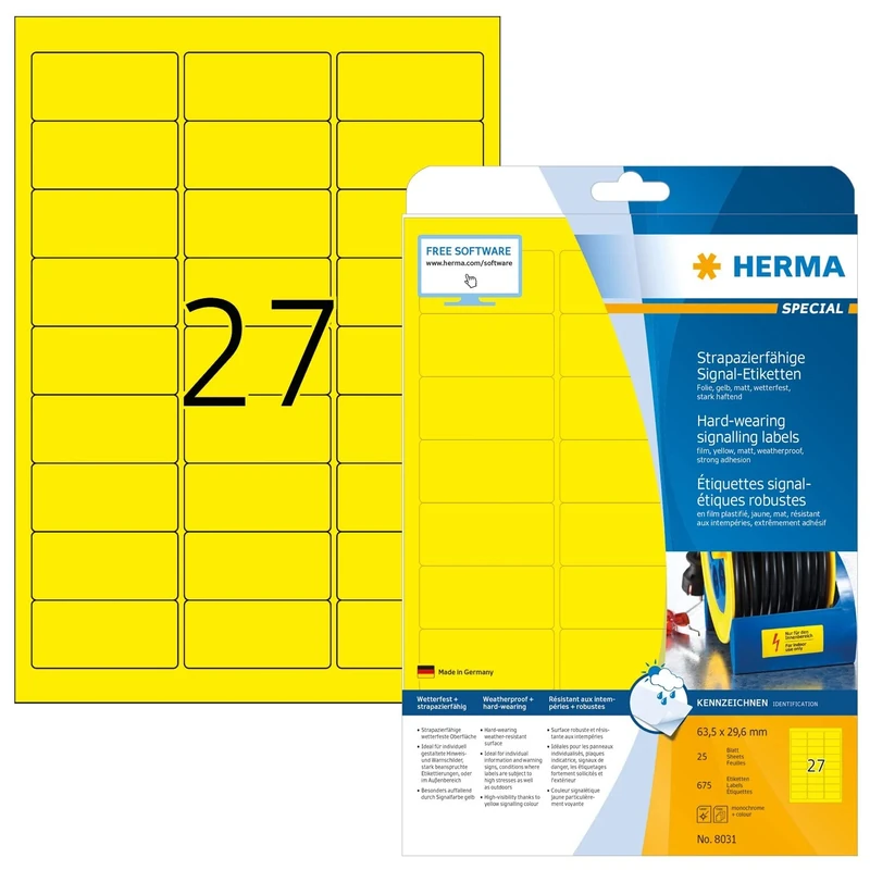 HERMA Yellow Weatherproof Labels, 675 Labels, 25 Sheets, 63.5 x 29.6 mm, Blank, Laser & Copier Compatible