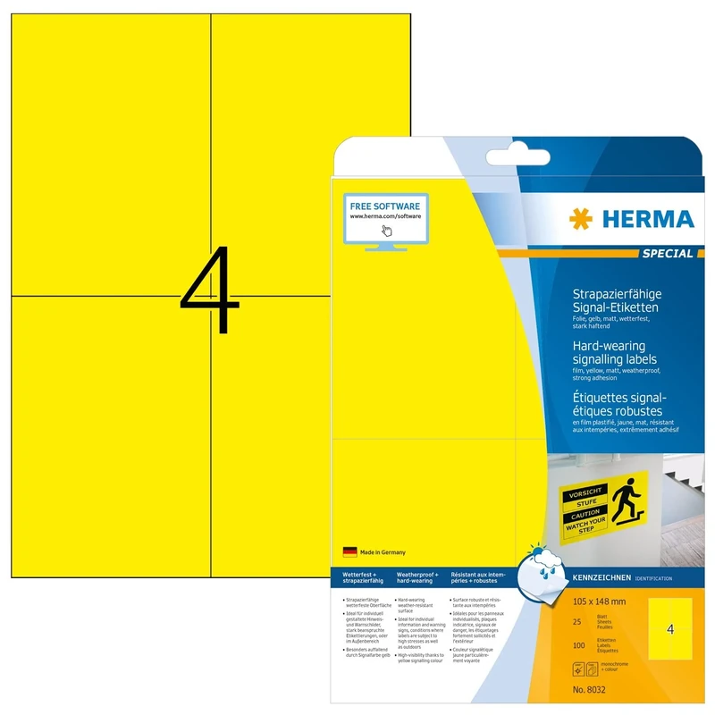 HERMA Self Adhesive Heavy Duty Weatherproof Foil Labels, 4 Labels Per A4 Sheet, 100 Labels For Laser Printers, 105 x 148 mm (8032), Yellow