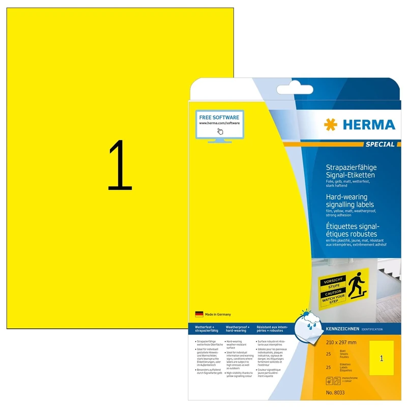 HERMA Yellow Weatherproof Film Labels, 25 Sheets, 210 x 297 mm, 25 Labels, Blank, Sticky, Laser & Copier Compatible