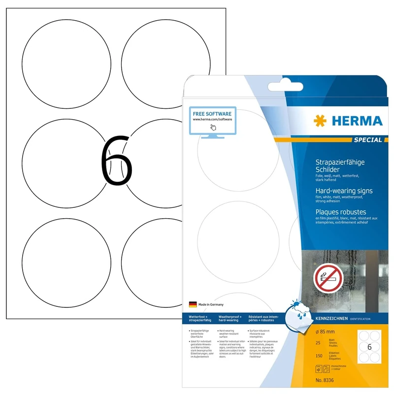 HERMA Self Adhesive Film Labels, 6 Labels per A4 Sheet, 25 Sheets, Ø 85 mm, 150 Labels, Blank Weatherproof Round Labels Stickers, Sticky Dots for Laser & Inkjet Printer, White