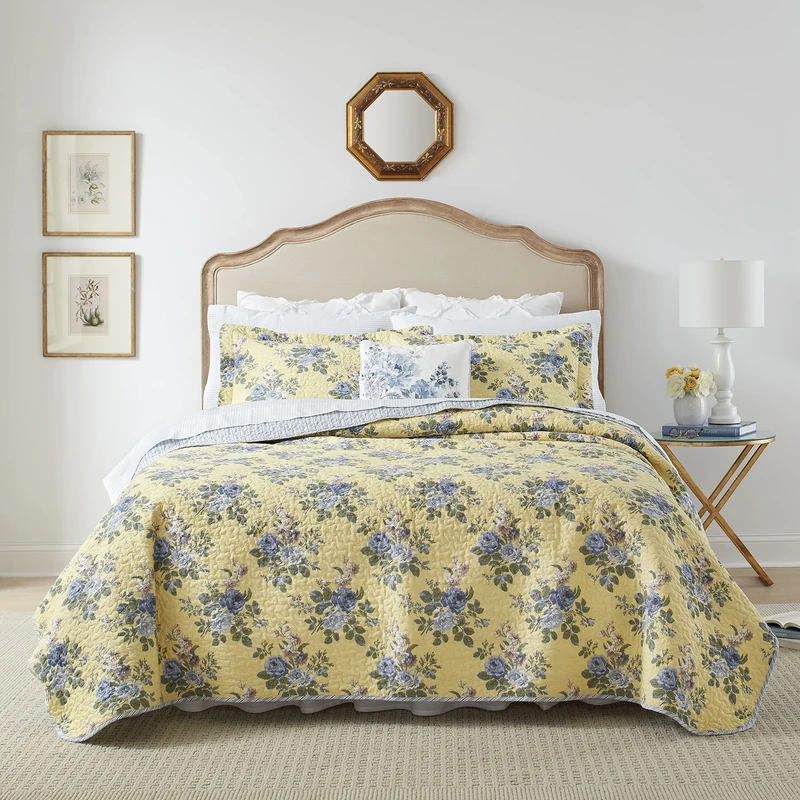 Laura Ashley - Queen Quilt Set, Reversible Cotton Bedding with Matching Shams, Lightweight Home Decor for All Seasons (Linley Yellow, Queen)