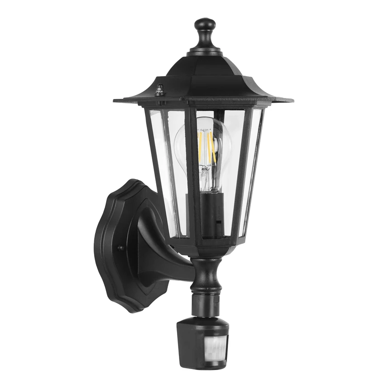 EGLO Outdoor Wall Lamp Laterna 4, 1 Bulb Exterior Wall Lighting, 6 Panel Lantern incl. Motion Detector, made of Cast aluminium and Glass, Colour: Black, Socket: E27, IP44