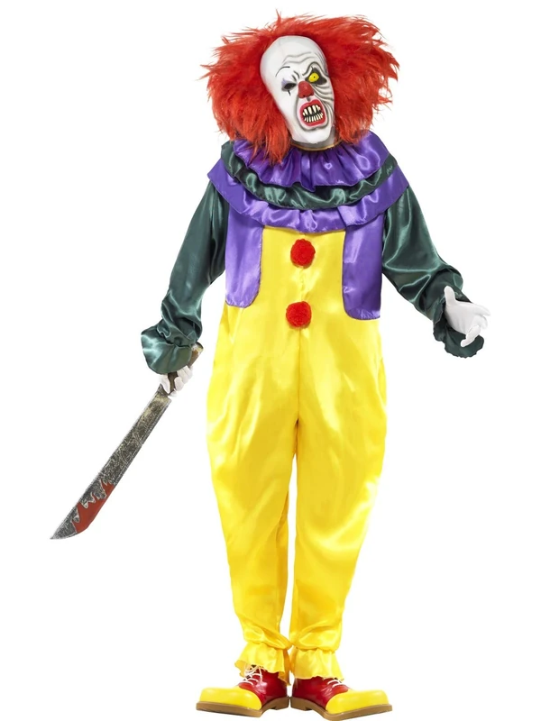 Smiffys Classic Horror Clown Costume, Multi-Coloured with Jumpsuit & Mask, Halloween Cirque Sinister Fancy Dress, Clown Dress Up Costumes, World Book Day