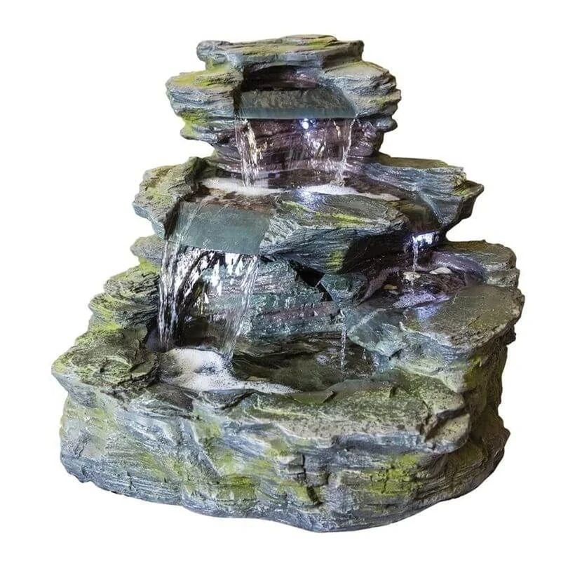 Easy Fountain Garda Falls with Lights Garden Water Feature – Self-Contained Outdoor Fountain with Recirculating Pump, Polyresin, for Patio & Garden