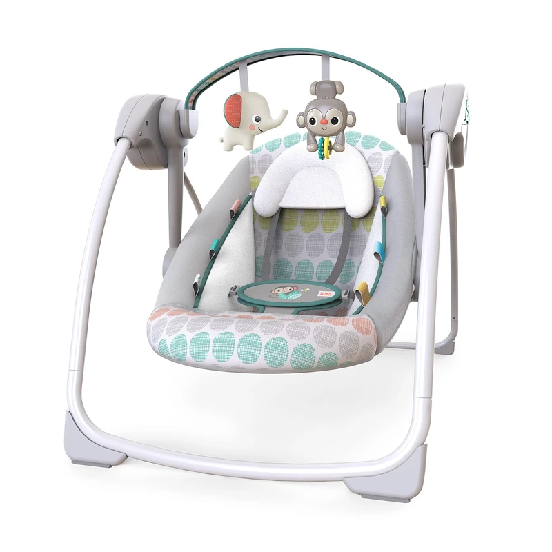 Bright Starts, Whimsical Wild Portable Compact Automatic Baby Swing with Music and Taggies, Removable Toy Bar with 2 Toys, Reclinable, 5 Point Harness, Newborn and up