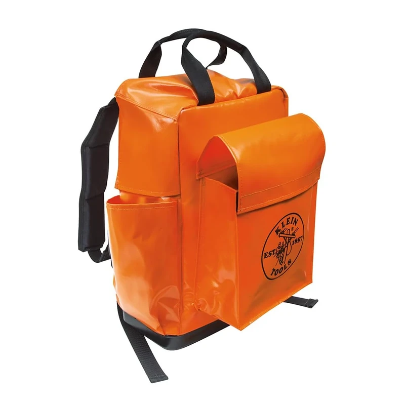 Klein Tools 5185ORA Tool Bag Backpack, Lineman Backpack, Adjustable Padded Shoulder Straps, Double-Stitched Bottom with Drain Holes, Orange